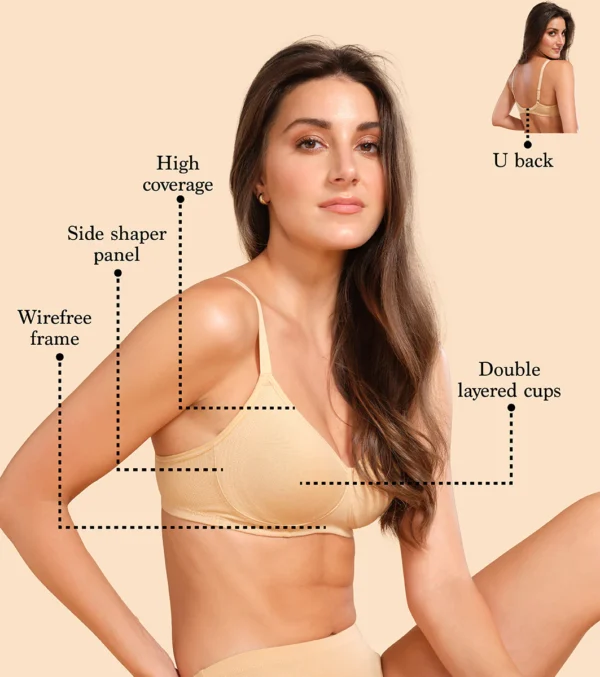 Enamor Fab-Cool A042 Side Support Shaper Stretch Cotton Everyday Bra For Women- High Coverage, Non Padded And Wirefree - Skin - Image 5